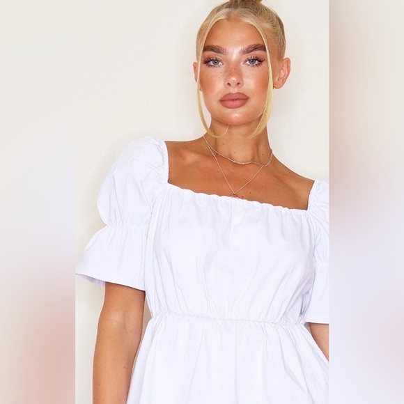 PrettyLittleThing White Square Neck Puff Sleeve Shift Dress - Picture 2 of 6